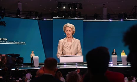 Lead candidate for the European Commission, current European Commission President Ursula von der Leyen, speaks during an election event at the European Parliament in Brussels, Sunday, June 9.