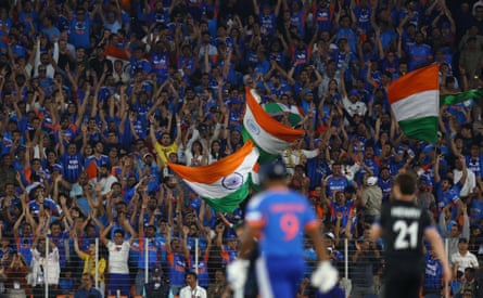 India fans celebrate a boundary during the T20 World Cup final.