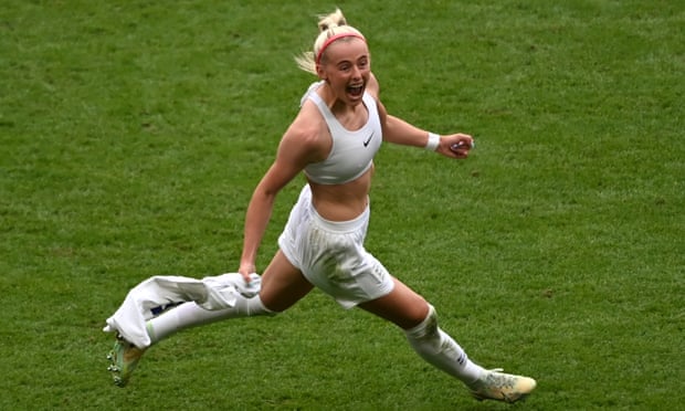 England's Chloe Kelly celebrates scoring the winner in the Euro 2022 final against Germany.