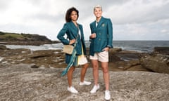 Sprinter Torrie Lewis (left) and Matildas striker Michelle Heyman (right) in the Australian 2024 Paris Olympic Games official uniform at Clovelly Surf Life Saving Club in Sydney