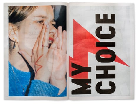 A woman with her hands cupped around her mouth shouting next to the words ‘my choice’ cut through by a stylised red lightning bolt