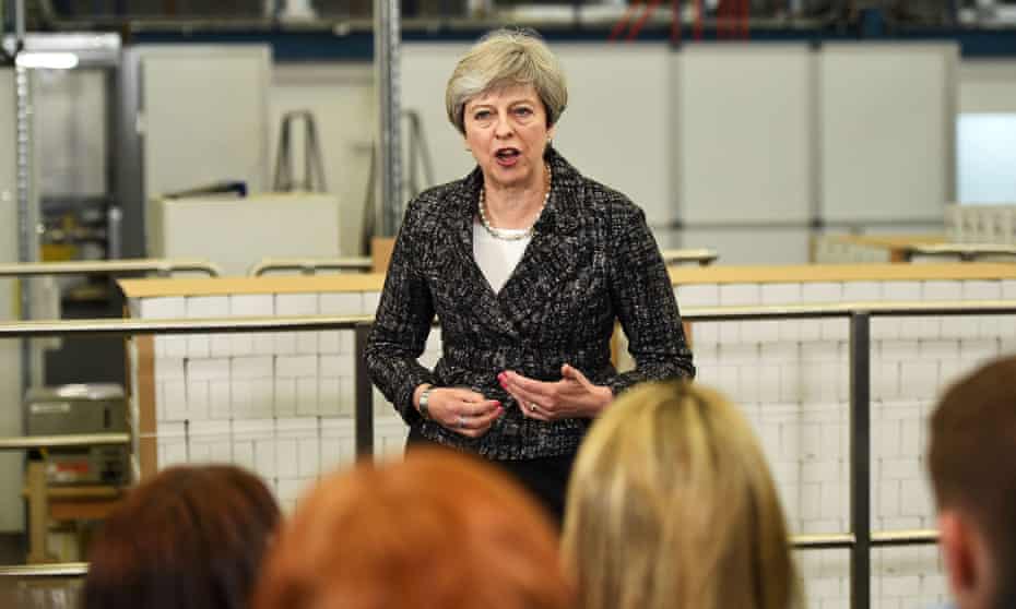 Theresa May speaking at a factory in Maidenhead