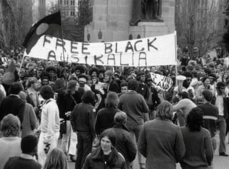 Protesters outside Old Parliament House at a July 1972 protest for Aboriginal rights