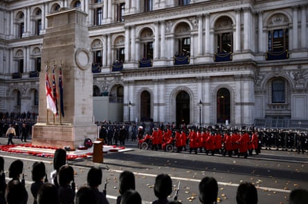 Chelsea Pensioners march past the Cenotaph