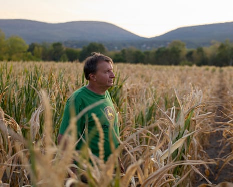 Somogyi, wearing a green t-shirt stands in a field of crops