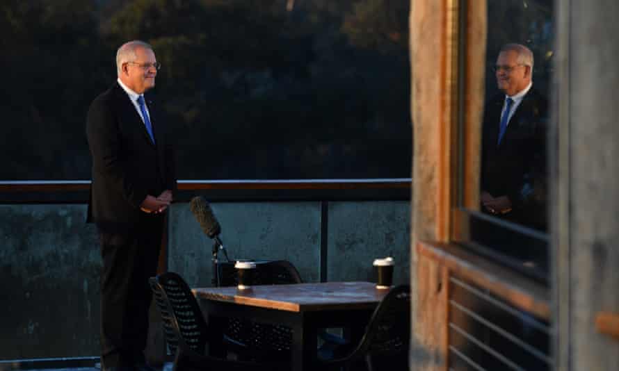 Scott Morrison conducts morning television interviews on election day, in the seat of McEwen in Melbourne.