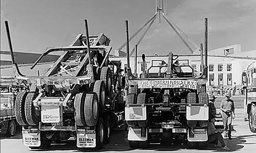 Logging trucks blockaded Parliament House in January 1995