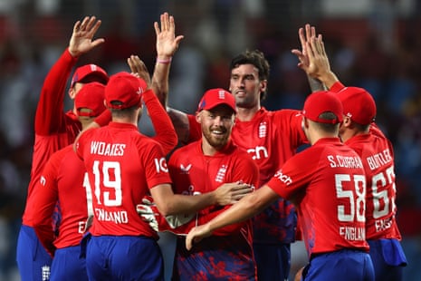 England players celebrate the wicket of Kyle Mayers of West Indies.