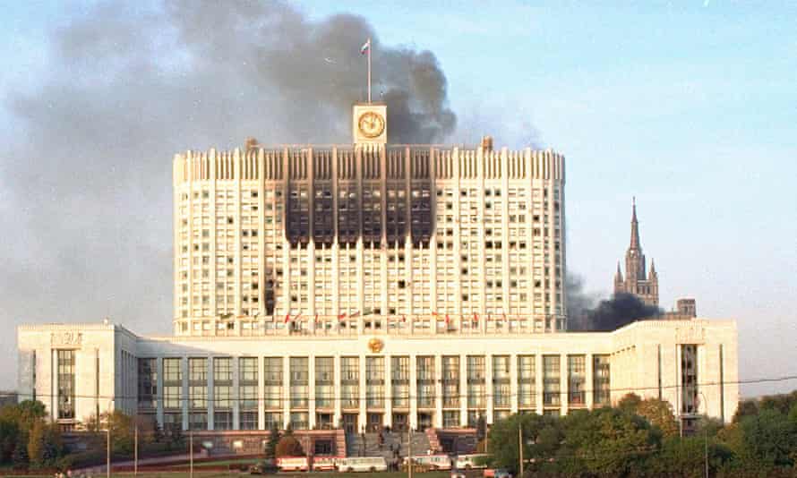 Smoke billowing from Moscow's parliament building on October 4, 1993.