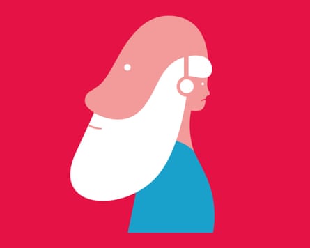 A cartoon-style illustration showing a Janus-faced portrait. The left side of the portrait shows an older man with a white beard. The right side shows a younger woman with long hair wearing headphones