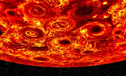 This image of Jupiter’s south pole is a mosaic of many images acquired by the Jovian InfraRed Auroral Mapper.