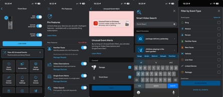 Screenshots from the Ring app showing various features and settings.