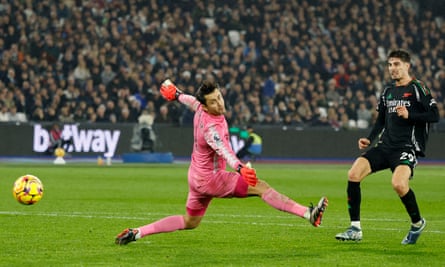 Kai Havertz scores Arsenal’s fourth goal against West Ham.