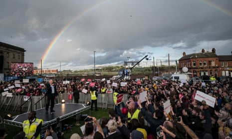 A rainbow appears behind Jeremy Corbyn as he speaks to supporters at a Labour rally in Birmingham.
