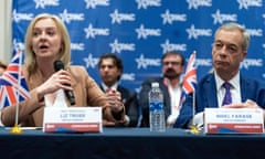 Liz Truss (left) shares a podium with Nigel Farage, the Reform UK leader, at a conference in Maryland
