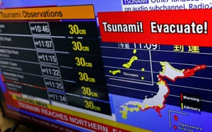 A television screen shows a news report and reads 'tsunami! evacuate'