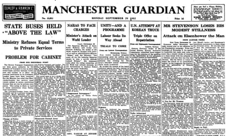 Guardian front page, 29 September 1952