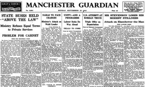 Front page news in the Guardian, 29 September 1952. 