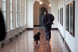 Running down the White House's East Colonnade with Bo, the family dog