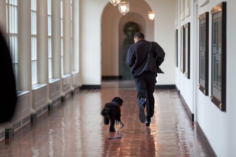 Running down the White House’s East Colonnade with Bo, the family dog