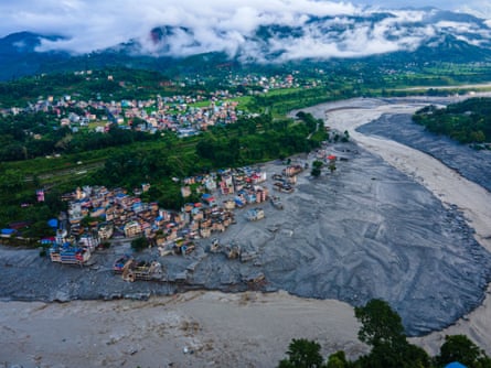 An aerial view shows the aftermath of massive flooding along the Bhotekoshi River, which affected low-lying areas and settlements near the riverbanks in Nuwakot, Nepal.