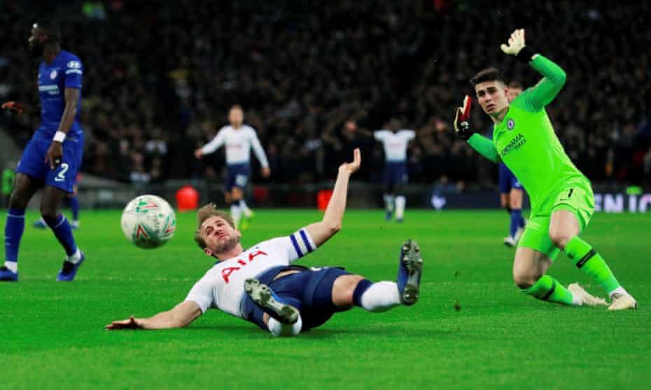 Harry Kane is fouled by Chelsea’s Kepa Arrizabalaga resulting in a penalty which Kane scored.