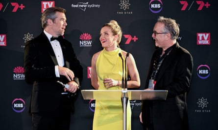 Harriet Dyer and Patrick Brammall, actors and creators of Colin from Accounts, accept the Logie for most outstanding comedy.
