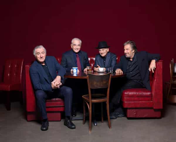 Robert De Niro (ganz links) und Al Pacino (ganz rechts) mit Martin Scorsese (zweiter von links) und Joe Pesci