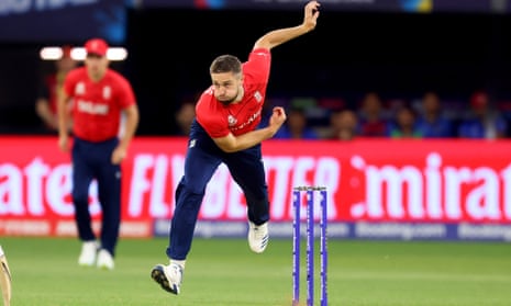 Chris Woakes lets fly in the match between England and Afghanistan at Perth Stadium.