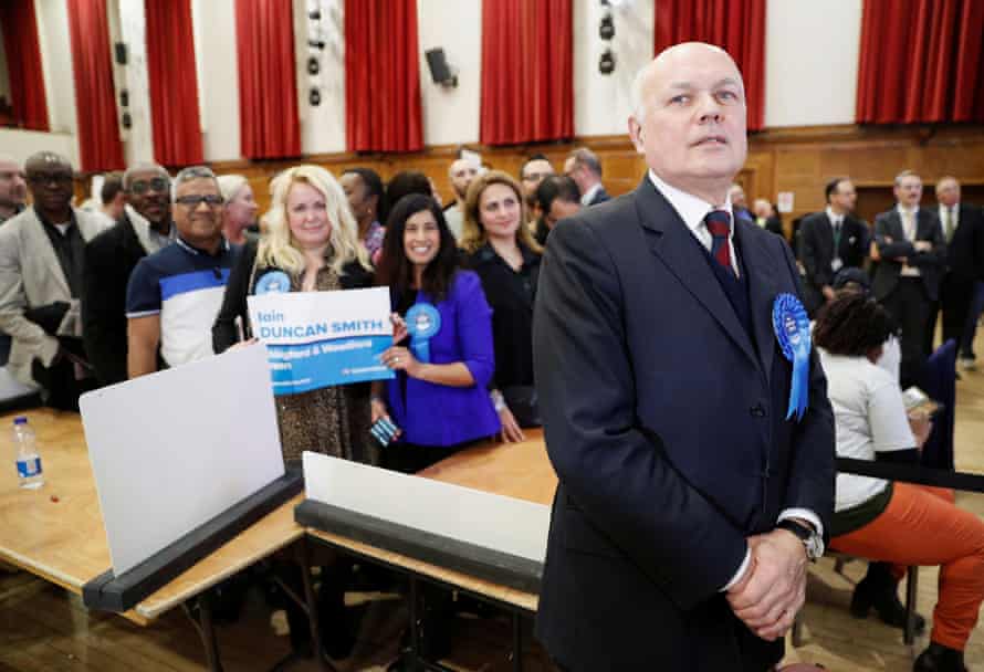 Conservative candidate for Chingford and Woodford Green Iain Duncan Smith with supporters after winning in Waltham Forest Town Hall, Walthamstow