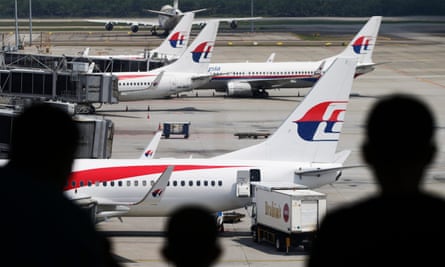 Malaysia Airlines aircraft seen from a viewing gallery at the Kuala Lumpur International Airport.