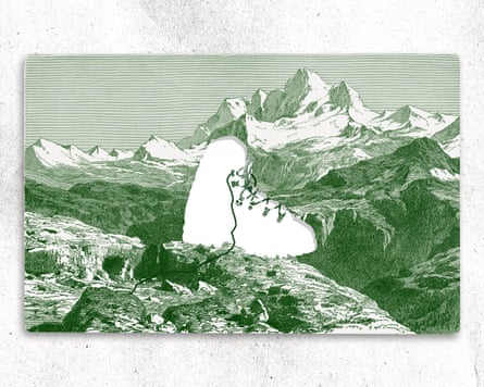 A single Koflach boot against an illustration of Everest.
