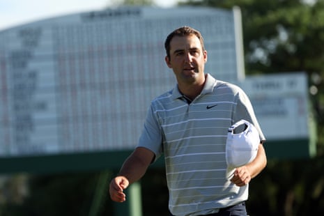 Scottie Scheffler of the United States reacts on the 18th green.