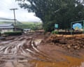 A wet, brown, muddy, rutted road alongside trees, telephone lines, and a buidling.