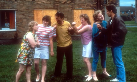 ‘It’s a bit Carry On Up the Council Estate’ … Siobhan Finneran and Michelle Holmes, in white skirts, as Rita and Sue, and George Costigan, far right, as Bob.