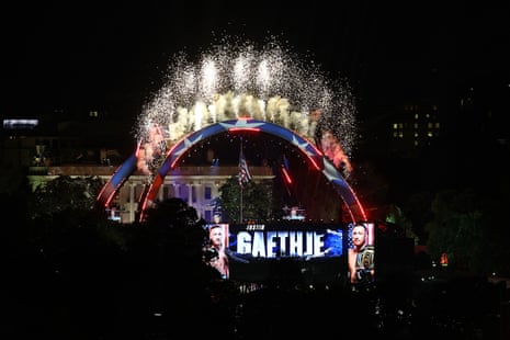 Fireworks shoot into the air as Justin Gaethje walks out for his fight.