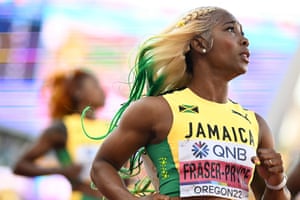 Jamaica’s Shelly-Ann Fraser-Pryce celebrates winning the women’s 100m final.