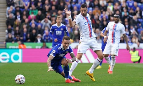 Leicester City's James Maddison goes to ground and is booked for a dive.