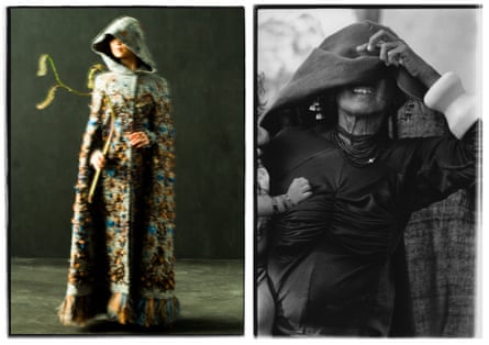 Left, a commission for Dior, right an example of traditional ethnic clothing
