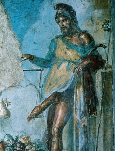 Priapus, god of fertility, weighing his penis in a fresco found in Pompeii.