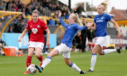 Everton’s Inessa Kaagman (centre) tackles Frankie Brown of Bristol City during the Super League match at Southport during September.