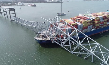 A drone image shows the collapse of Baltimore's Francis Scott Key Bridge after it was hit by Cargo Ship Dali on 26 March 2024.