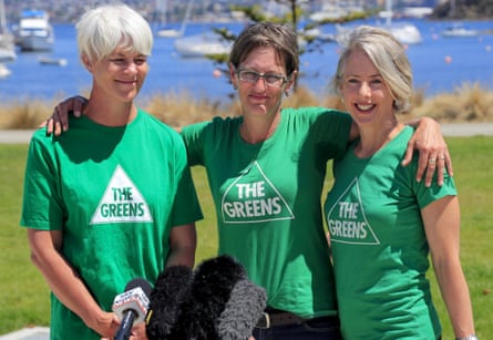 Leader of the Tasmanian Greens Cassy O’Connor (centre) with fellow Greens MPs Andrea Dawkins (left) and Rosalie Woodruff.