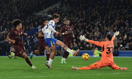 Matt O’Riley scores Brighton’s winner to condemn Manchester City to a fourth consecutive defeat in all competitions.