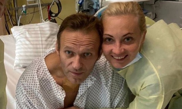 Navalny in a Berlin hospital with his wife in September.