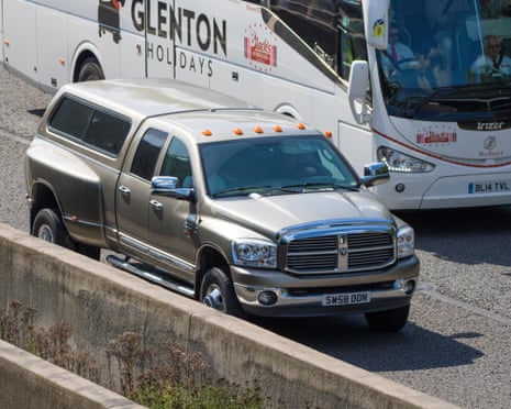 Dodge pick up truck on the road in Preston. In many cases, children cannot be seen over the bonnets of these extra-large cars.