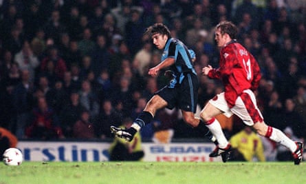 Coventry’s Darren Huckerby scores the winner against Manchester United at Highfield Road in December 1997