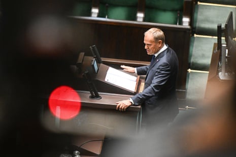 Poland's prime minister delivers a speech resuming the government achivements hours before a vote of confidence at the Sejm in Warsaw, Poland.