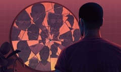 Illustration of silhouette of man looking into broken mirror with different faces looking back