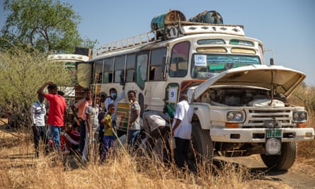 A bus carrying refugees from breaks down after leaving Hamdayet refugee registration point in Eastern Sudan.